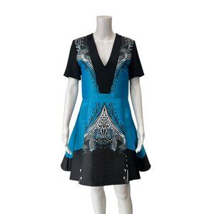NWT Byblos Blue Black Double Print Vivil Flower Geo Fit & Flare Dress sz IT 44/8